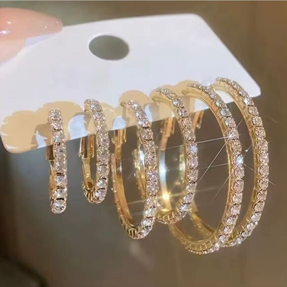 3 Pairs Of Rhinestone Hoop Earrings - Picture 1 of 8